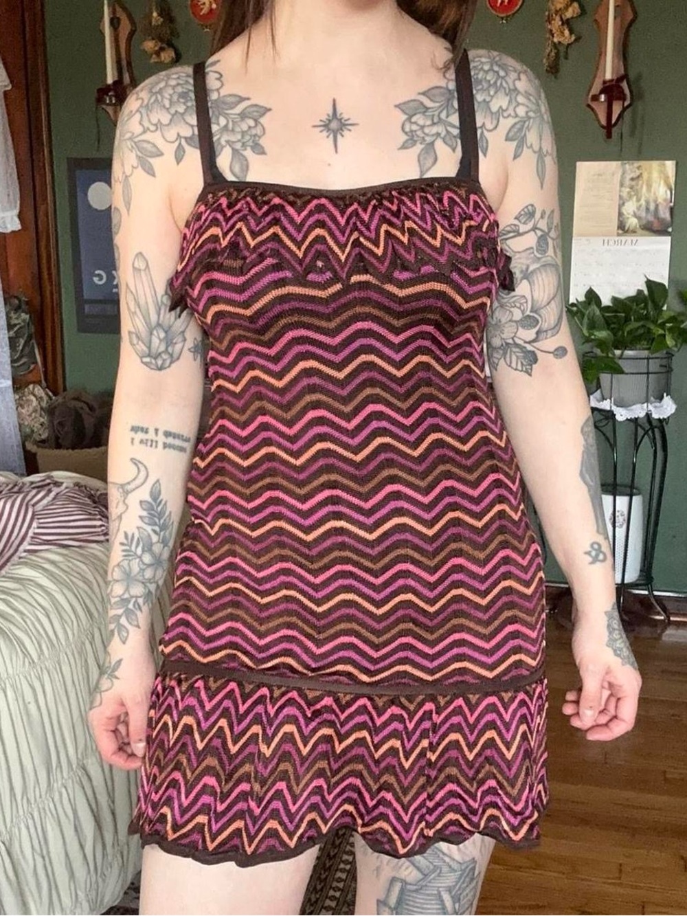 Brown & Pink Zigzag Knit Dress